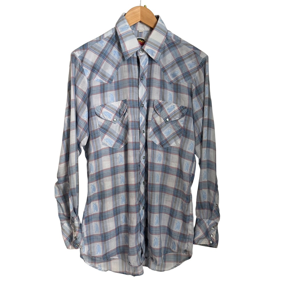 Vintage Miller Western Pearl Snap Shirt Mens 15.5‎ Blue Plaid Horse Embroidered